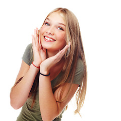 Image showing Young girl, smile portrait and teenager makeup or gen z fashion, happy beauty vision and comic motivation. Happy teen, facial cosmetics and trendy urban style headshot in white studio background