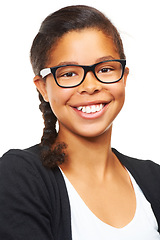 Image showing Young, teen girl and student portrait with glasses and smile with happy face and white background. Isolated, young female teenager and happiness of a person smiling feeling proud of youth with mockup