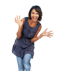 Image showing Portrait, wow and black woman in studio for winner, announcement and good news on white background. Surprise, fun and girl model with omg news, excited and shocked while standing isolated with mockup