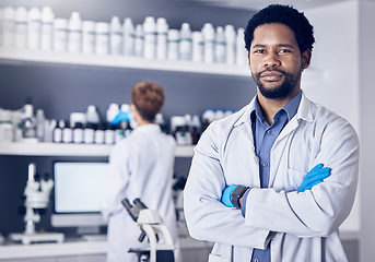 Image showing Science, innovation and portrait of man in laboratory, leadership and motivation in vaccine development in South Africa. Healthcare, phd scientist or black man pharmacist with success in lab research