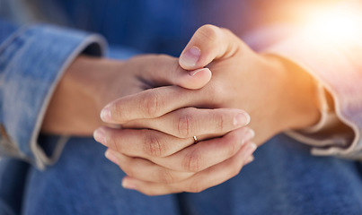 Image showing Hands, fingers crossed and prayer, spiritual meditation for woman with hope, trust in god and worship. Mindfulness, peace and meditate, religious thinking with lady praying and faith in religion.