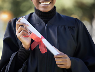 Image showing University graduation, diploma and hands of black woman with award for studying achievement. Closeup graduate student with paper certificate of success, celebration and education goals of learning