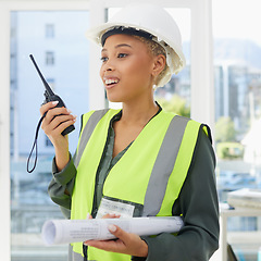 Image showing Construction, walkie talkie and portrait of black woman with blueprint for engineering, building and architecture. Leadership, inspection and female construction worker with radio for communication