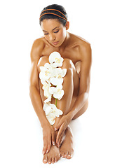 Image showing Body, skincare and woman with flowers in studio for natural beauty, product or cosmetics promotion in mockup. Legs, manicure and pedicure of model with floral skin care, dermatology and luxury spa