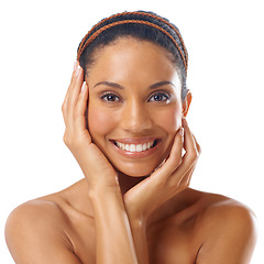 Image showing Face, skincare and beauty portrait of woman in studio isolated on a white background. Makeup, natural cosmetics and happy female model satisfied with spa facial treatment for healthy skin or wellness