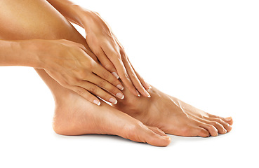 Image showing Pedicure, beauty and hands with feet for salon, wellness and foot care on white background. Foot, cosmetics and nail polish on toes and French tips for pamper, spa and beauty treatment in studio