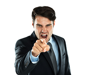 Image showing Shout, hand point and angry business man portrait of a employee screaming with white background. Frustrated, anger and shouting with hand gesture about work, stress and career mistake in studio