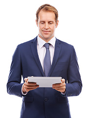 Image showing Businessman, tablet and working in social media, networking or online marketing against a white studio background. Isolated CEO man holding touchscreen for market advertising, internet or trading