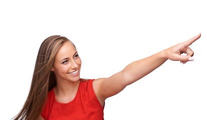 Image showing White background, pointing finger and face of woman for advertising, marketing and fashion. Beauty, cosmetics and girl model with copy space for deal, sale and product placement isolated in studio