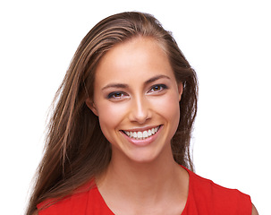 Image showing Face portrait, dental smile and a woman with a teeth smile on isolated white background with a positive mindset. Young professional female model in studio with makeup, cosmetics and hair care