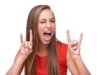 Image showing Rock, hand sign and portrait of woman on a white background for freedom, energy and heavy metal music. Comic, emoji and face of girl isolated in studio for rock and roll gesture, punk and attitude