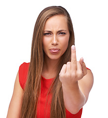 Image showing Middle finger, rude woman and portrait in studio, isolated white background and anger. Female model, obscene gesture and tongue out for angry opinion, bad emoji or sign of hate, rejection or conflict