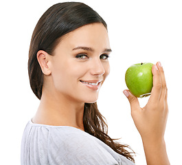 Image showing Apple, health and portrait of a woman with fruit for diet isolated on a white background in studio. Food, nutrition and happy model with fruits for vegan lifestyle, eating healthy and vitamin