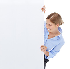 Image showing Poster, billboard and excited business woman with advertising space, poster or mockup sign for brand logo. Female with promo announcement, product placement or signage on isolated white background