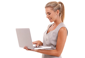 Image showing Laptop, typing and profile of business woman review financial portfolio, stock market or online investment. Economy, bitcoin mining or trader trading crypto, forex or nft on white background studio