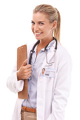 Image showing Portrait, healthcare doctor and woman with checklist in studio isolated on white background. Face, wellness and female medical worker from Canada with clipboard for research, prescription or schedule