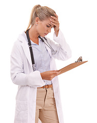 Image showing Stress, problem and doctor reading a report, healthcare chart or lab results on a studio background. Mistake, check and woman with medical charts anxiety, research and survey on a white background