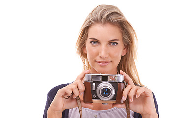 Image showing Happy, portrait and woman with a vintage camera in studio for classic, retro and creative photoshoot. Photography, beauty and female photographer from Australia by white background with mockup space.