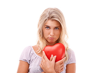 Image showing Heart, love and portrait of sad woman with red object, romantic product or emoji icon for Valentines Day holiday. Broken heart, heartbreak and studio headshot of lonely model girl on white background