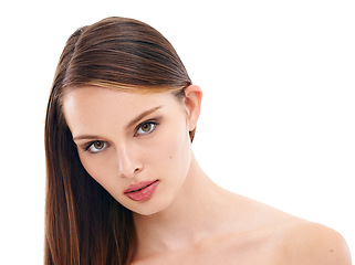 Image showing Woman skincare, portrait or brunette hairstyle and makeup cosmetics, dermatology or healthcare wellness. Zoom, beauty model or face with brown hair color, facial glow or collagen on white background