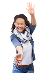 Image showing Open arms, smile and woman on a white background for advertising, copy space and marketing in studio. Creative, fashion and portrait of girl for announcement, product placement and emotion reaction