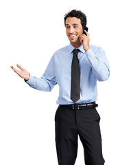Image showing Phone call, studio and corporate businessman with networking, negotiation and communication strategy. Happy professional man using phone or smartphone with career feedback, job review or contact us