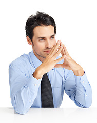 Image showing Thinking, idea and businessman in studio contemplating, brainstorming or planning a project. Corporate, plan and pensive professional male employee being thoughtful on a proposal by white background.