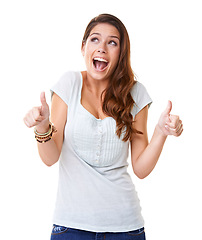 Image showing Thumbs up, surprise and young woman with success, celebrate and wow with smile against white background. Support, review and positive mindset with excited face, yes and agreement, OK with thank you