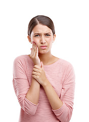 Image showing Woman, mouth and hands for toothache, dental wellness or upset portrait isolated in white background. Unhappy model, sad face and tooth pain, frustrated injury or teeth healthcare problem in studio