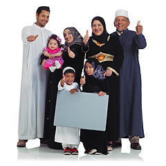 Image showing Muslim family, thumbs up portrait and poster space with children and parents together for Islam religion. Arab women, men and kids with banner sign for eid and support isolated on a white background