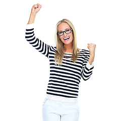 Image showing Happy business woman, portrait and fist on isolated white background in marketing winner and advertising success. Smile, creative or designer and celebration hand gesture on mock up studio backdrop