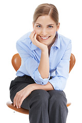 Image showing Woman, portrait and sitting on office chair in studio, white background and happiness. Happy business worker, female model and office chair of employee, entrepreneur or motivation in corporate career