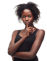 Image showing Secret, skincare and portrait of a black woman in studio with beautiful, glow and healthy skin. Beauty, wellness and African female model with finger on mouth and positive mindset by white background