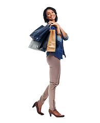 Image showing Fashion, shopping or happy customer with smile or clothes in studio on white background with marketing mockup space. Sale, black woman or girl with shopping bags on discount deal or promotional offer