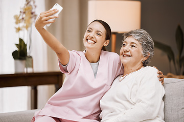 Image showing Selfie, nurse and healthcare with a woman carer and senior patient taking a picture in a nursing home together. Phone, medical and social media with a female caregiver and eldery resident in a house