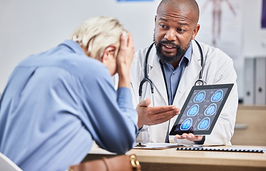 Image showing Healthcare, brain scan on tablet and doctor with woman depressed, sad and worried about medical results in clinic. Hospital, neurology and medic worker with patient in consultation for x ray report