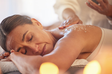 Image showing Body scrub, spa and woman with massage and skincare with therapist, holistic treatment and self care with aromatherapy. Luxury, wellness health and peace to relax at salon, masseuse hands for zen