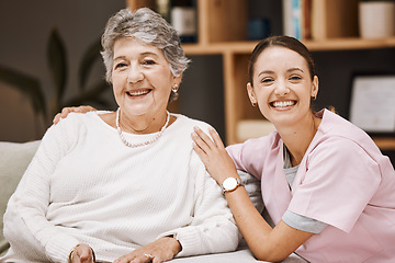 Image showing Caregiver, senior woman and support portrait for healthcare wellness, medical professional and patient happiness in retirement home. Elderly person, nurse and happy smile together in nursing home