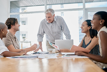 Image showing Business, man and team with leader, meeting or brainstorming in office. Teamwork, male employee or ceo with staff, group project or share idea for collaboration, leadership or innovation in workplace