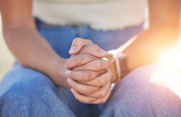 Image showing Woman, prayer hands or clasped together for depression help, burnout solution hope or religion routine. Zoom, nervous person fingers or mental health stress in psychology healthcare wellness or faith