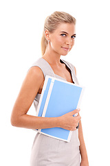 Image showing Portrait, business and woman with folder, white background or documents. Female corporate worker, employee and paperwork report in studio of receptionist, professional entrepreneur or secretary staff