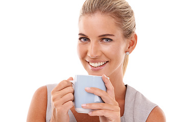 Image showing Business woman, portrait or drinking coffee on isolated white background in recruitment ideas, innovation or vision. Smile, happy or corporate worker with tea cup, human resources goals or hr mockup