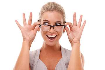 Image showing Shock, excited and portrait of a woman with spectacles in a studio with a omg, wow or wtf facial expression. Shocked, surprise and smart female model from Australia with glasses by a white background