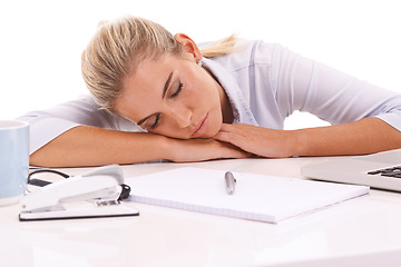 Image showing Sleeping, tired business woman with notebook for planning, writing and working at desk on white background studio. Worker, employee or writer with fatigue, mental health problem and depression