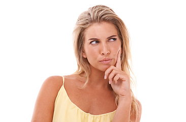 Image showing Woman, face and serious thinking with hands for hope, mental health or anxiety risk in white background. Person looking up, idea vision and thoughtful, planning or stressed worry isolated in studio