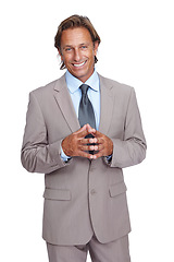 Image showing Business man, portrait and corporate leader with success and ceo, executive isolated against white background. Businessman hands together, manager and motivation with vision, goals and professional