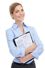 Image showing Hr management, portrait or paper clipboard on isolated white background in cv review, recruitment or job interview. Smile, happy worker or human resources woman or contract documents in we are hiring