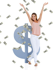 Image showing Money, dollars and woman in portrait with finance and savings with banking against white studio background. Financial happy woman with hands up and winning lotto and profit with wealth and investment