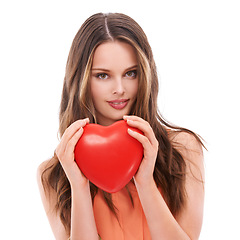 Image showing Face portrait, heart balloon and woman in studio isolated on white background. Love, affection and young female model holding symbol for romance, valentines passion or romantic emoji, care or empathy