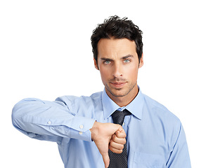 Image showing Portrait, hand and businessman with thumbs down in studio for no, bad and business fail on white background. Face, failure and young entrepreneur showing negative emoji for objection while isolated